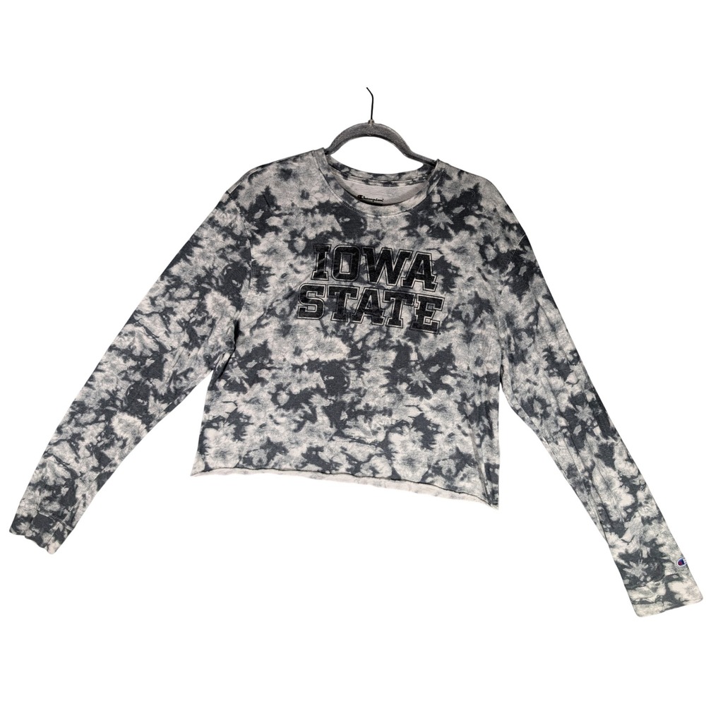 Champion Iowa State Cyclones Gray Tie Dye Long Sleeve Crop T-Shirt Womens Large